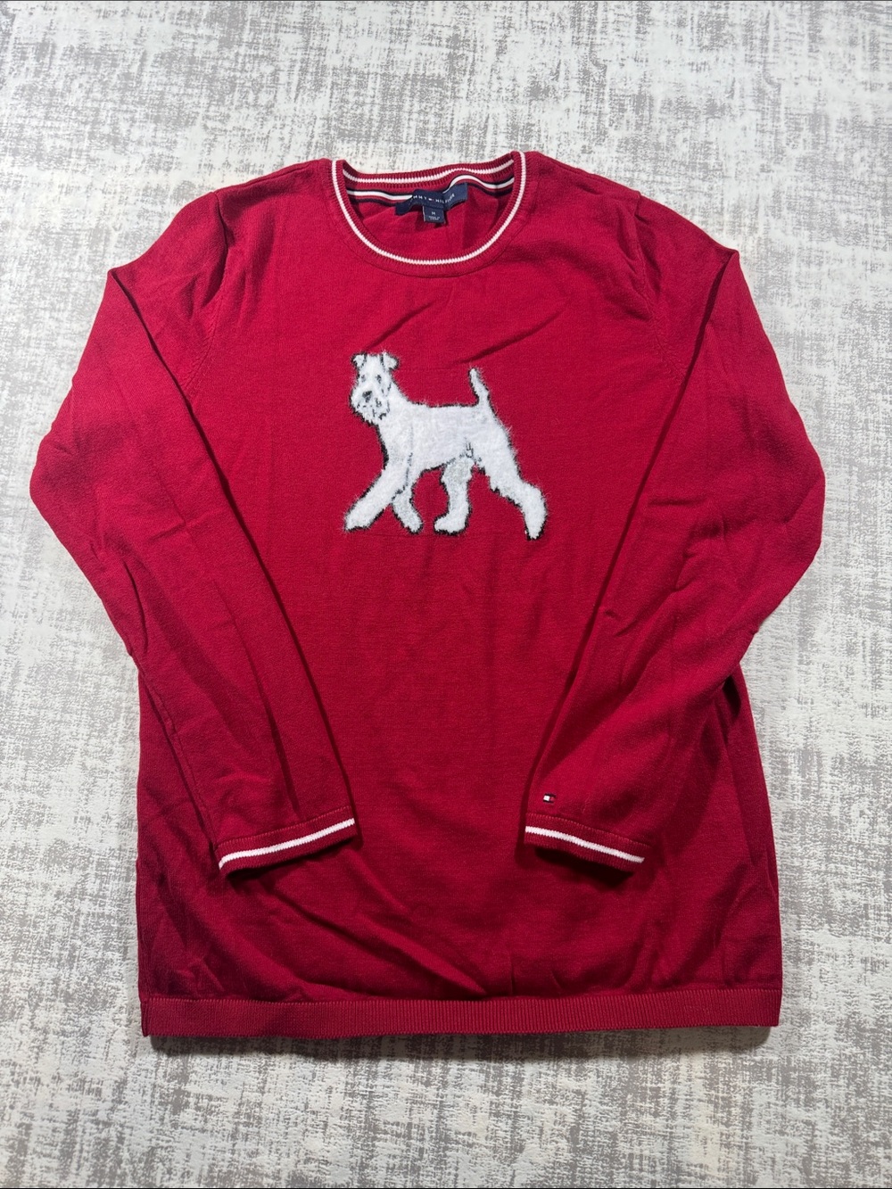 Tommy Hilfiger Womens Bright Red Crewneck Sweater with White Dog 24.5X17PTP